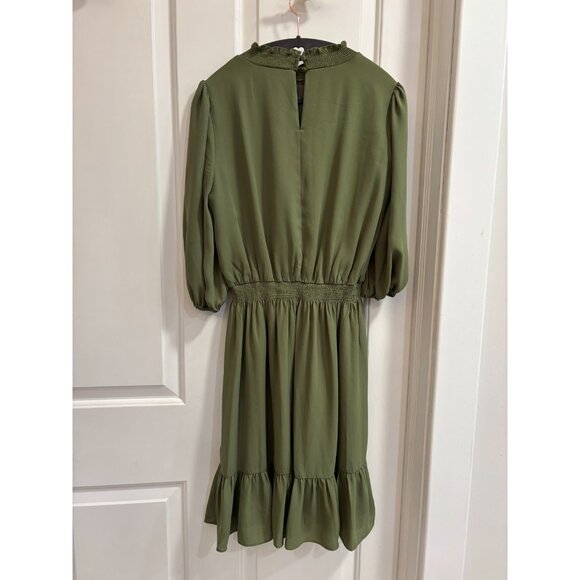 Nanette Lepore Olive Green Puff Sleeve Smocked Waist Ruffle Hem Dress Size 2 - Picture 2 of 6
